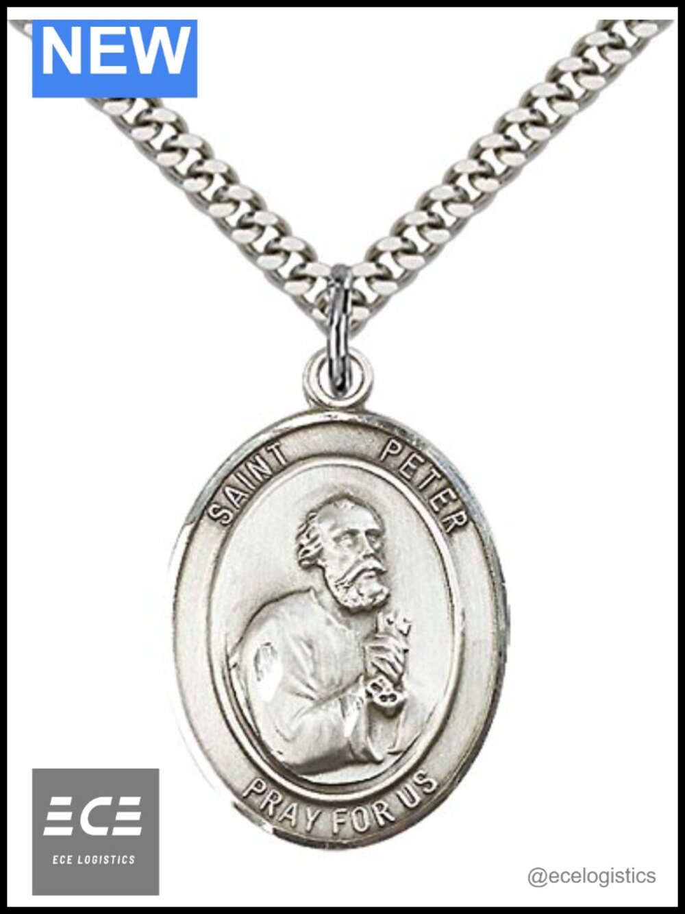 Sterling Silver St. Peter Apostle Pendant 24" Stainless Steel Curb Chain